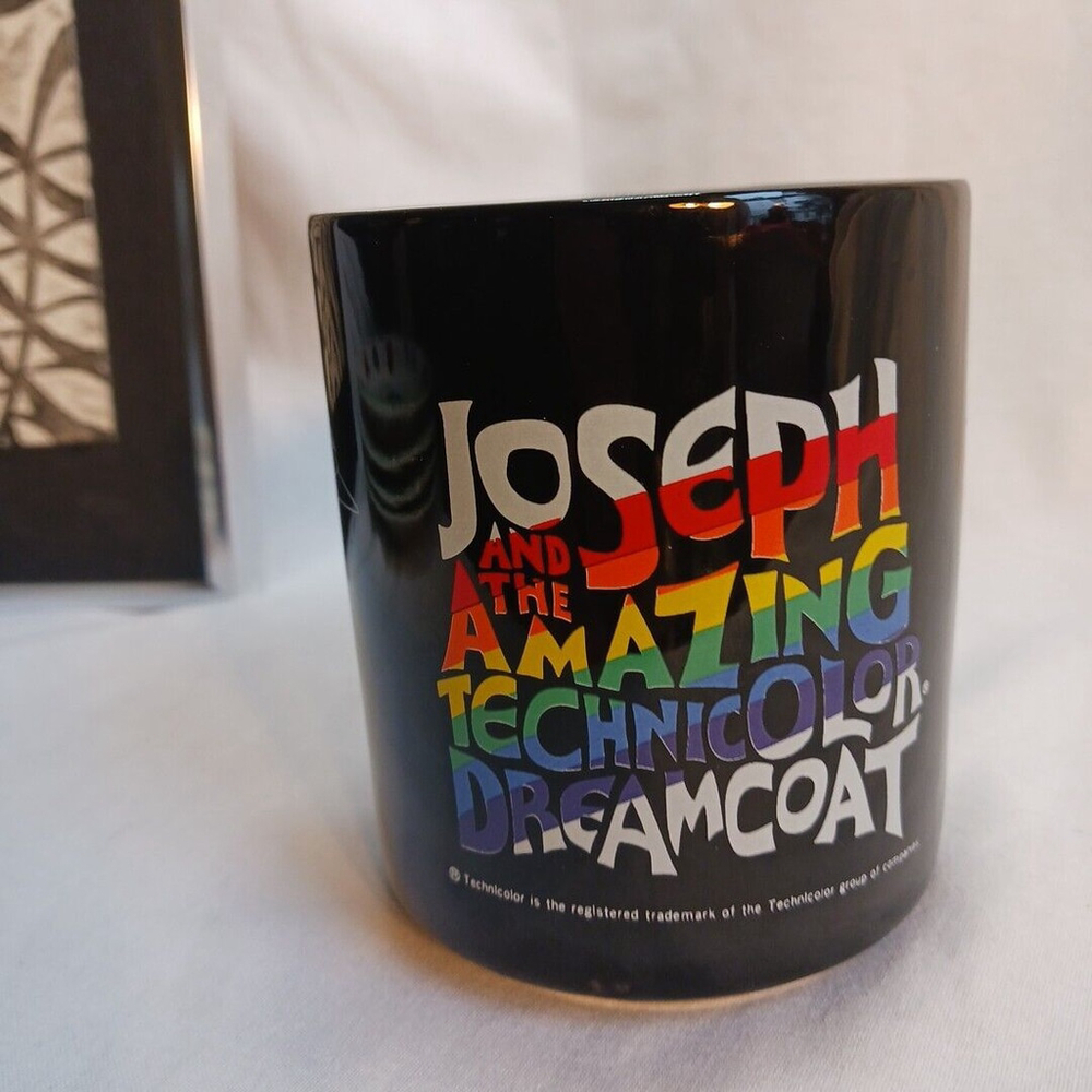 Joseph And The Amazing Technicolor Dreamcoat Black Coffee Mug VTG RAINBOW